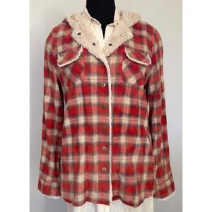 White Crow Shacket Size Large Red Cream Black Plaid Hooded Flannel Faux Fur‎